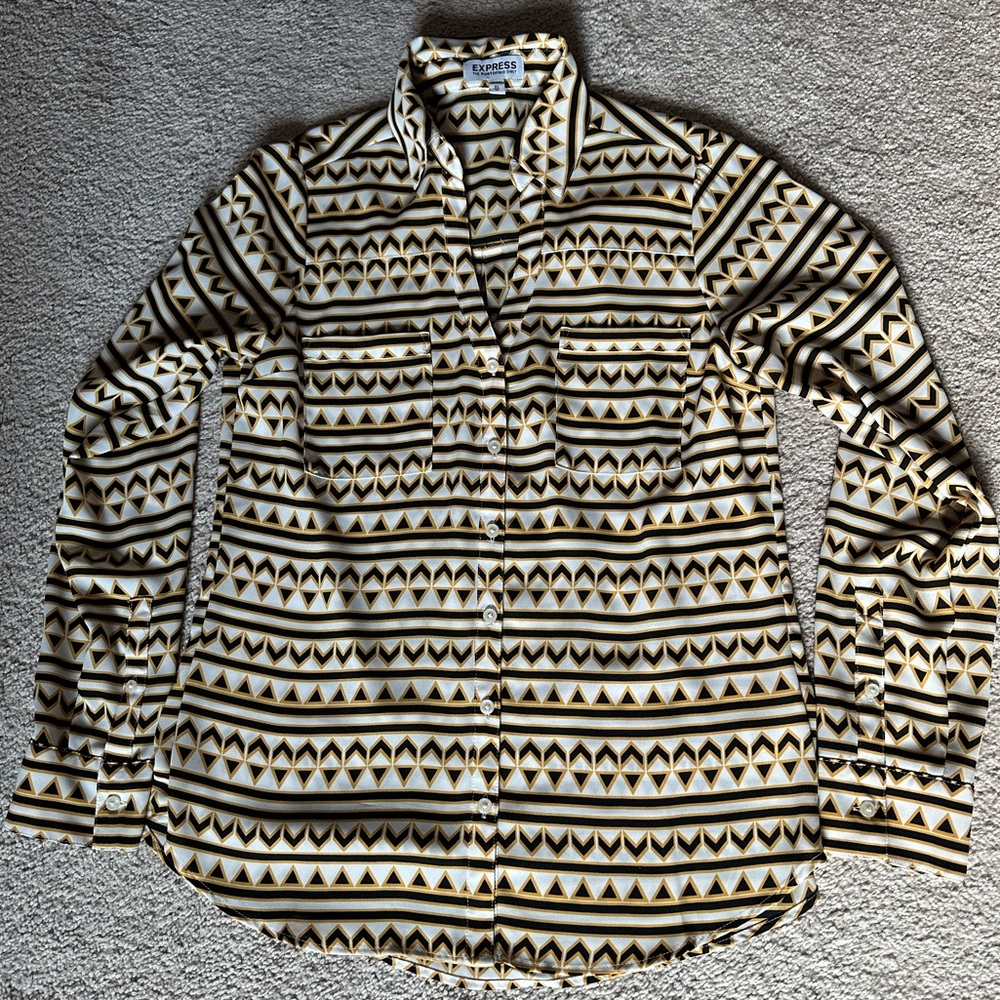 Express Portofino Button Down Blouse - Black and Gold Geo Pattern